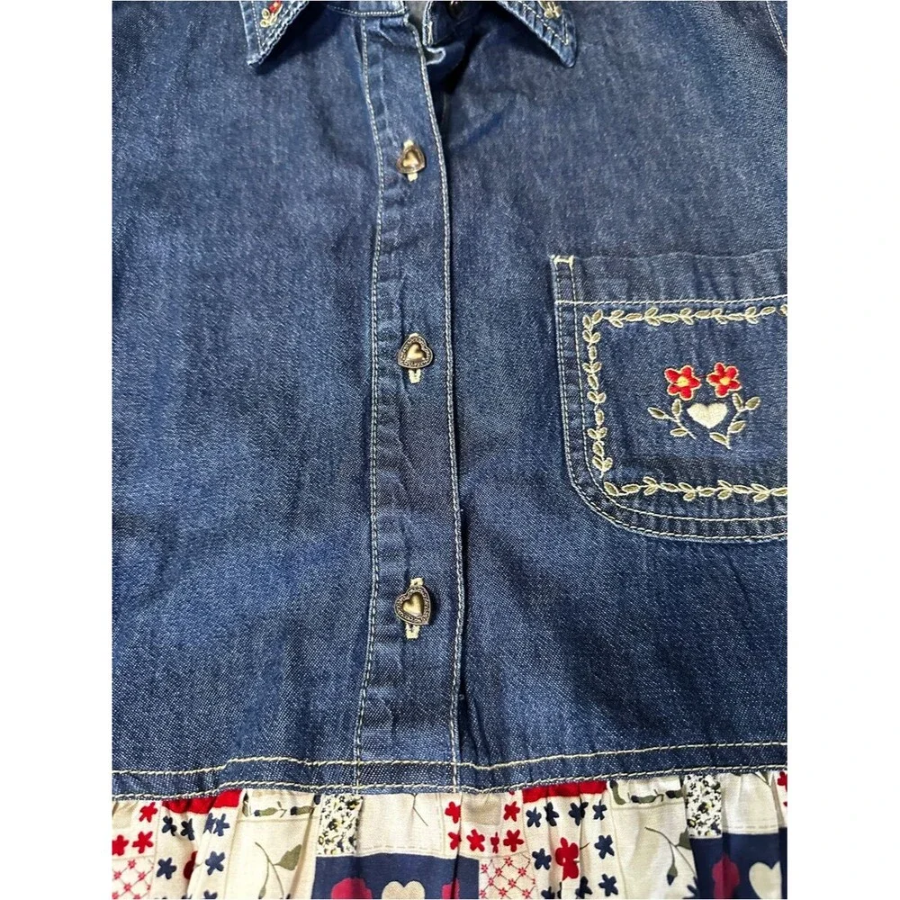 VTG 90s Bobbie Brooks Denim Patchwork Prairie Maxi Dress Large Cottagecore Folk